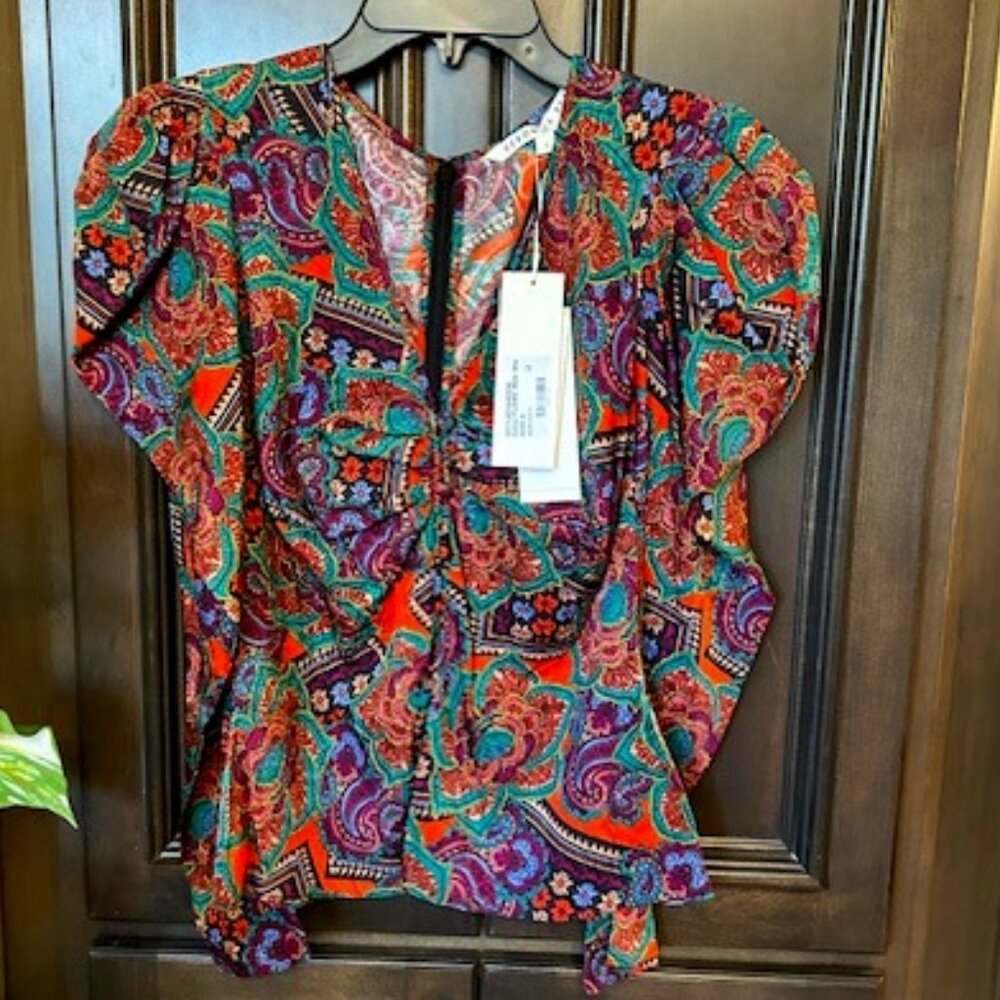 Veronica Beard Simmons Paisley Floral Silk Blend Long Sleeves Top